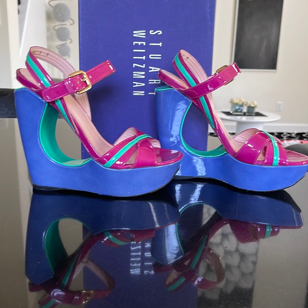 Stuart Weitzman Pink Blue Teal Patent Leather Platform Wedges